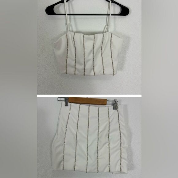 2 Pc Set! Altar'd State White with Jeweled Stripe Cropped Tank & Mini Skirt - Picture 1 of 12